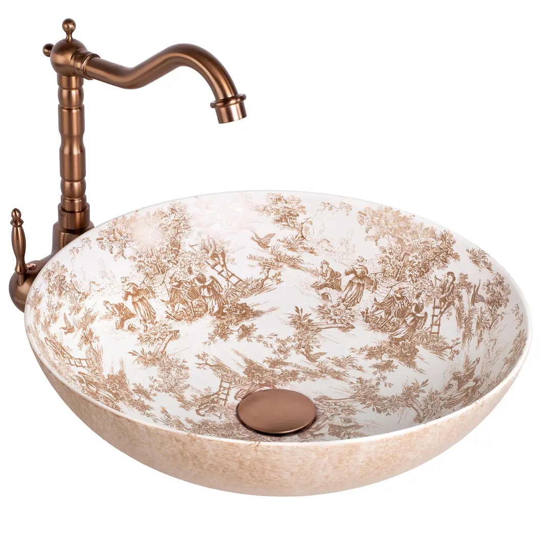 Lavoar baie cu montare pe blat 40 cm, rotund, maro cu motive decorative, Rea Juliana [6]