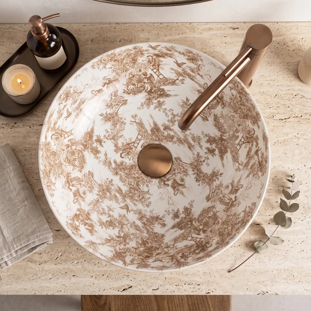 Lavoar baie cu montare pe blat 40 cm, rotund, maro cu motive decorative, Rea Juliana [3]