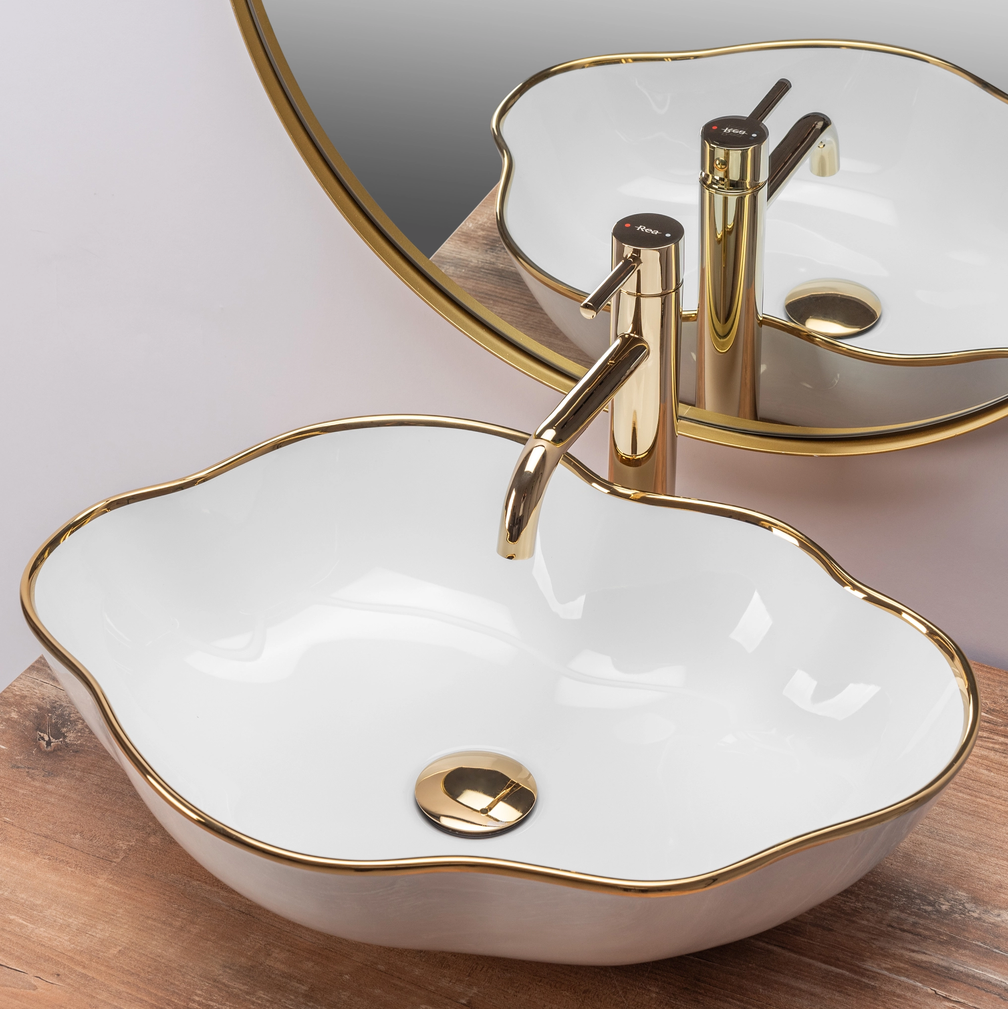 Lavoar baie din ceramica sanitara, alb cu margine aurie, asimetric, Rea Pearl [3]