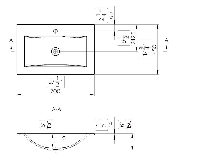 Lavoar baie incastrat 70x45 cm, alb lucios, din compozit, Foglia Yrsa [2]