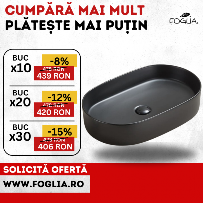 Lavoar baie negru mat montaj pe blat 60 cm, Adelais Foglia