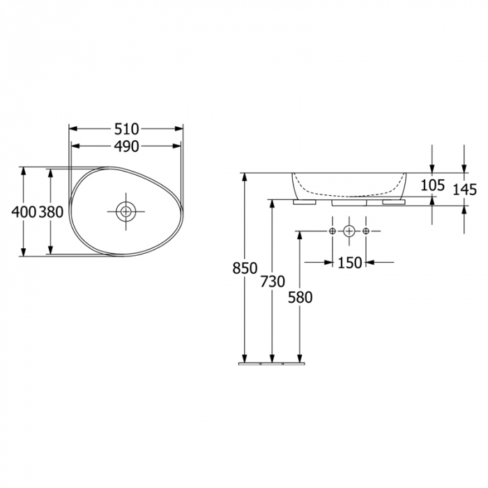 Lavoar baie pe blat 51 cm, alp alpin, asimetric, Villeroy & Boch Antao [5]