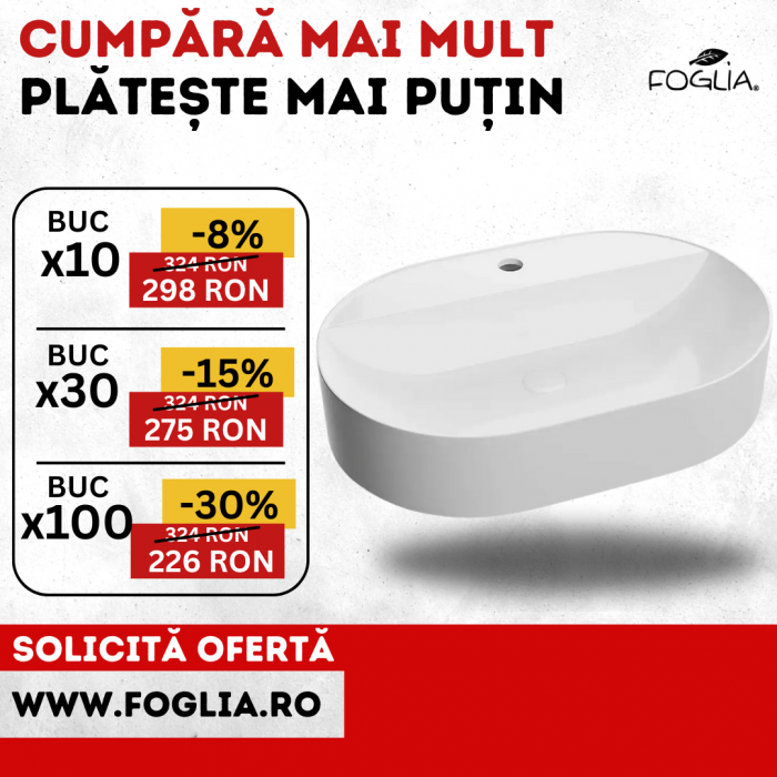 Lavoar baie pe blat, alb, cu orificiu baterie, fara ventil, Foglia Maurice