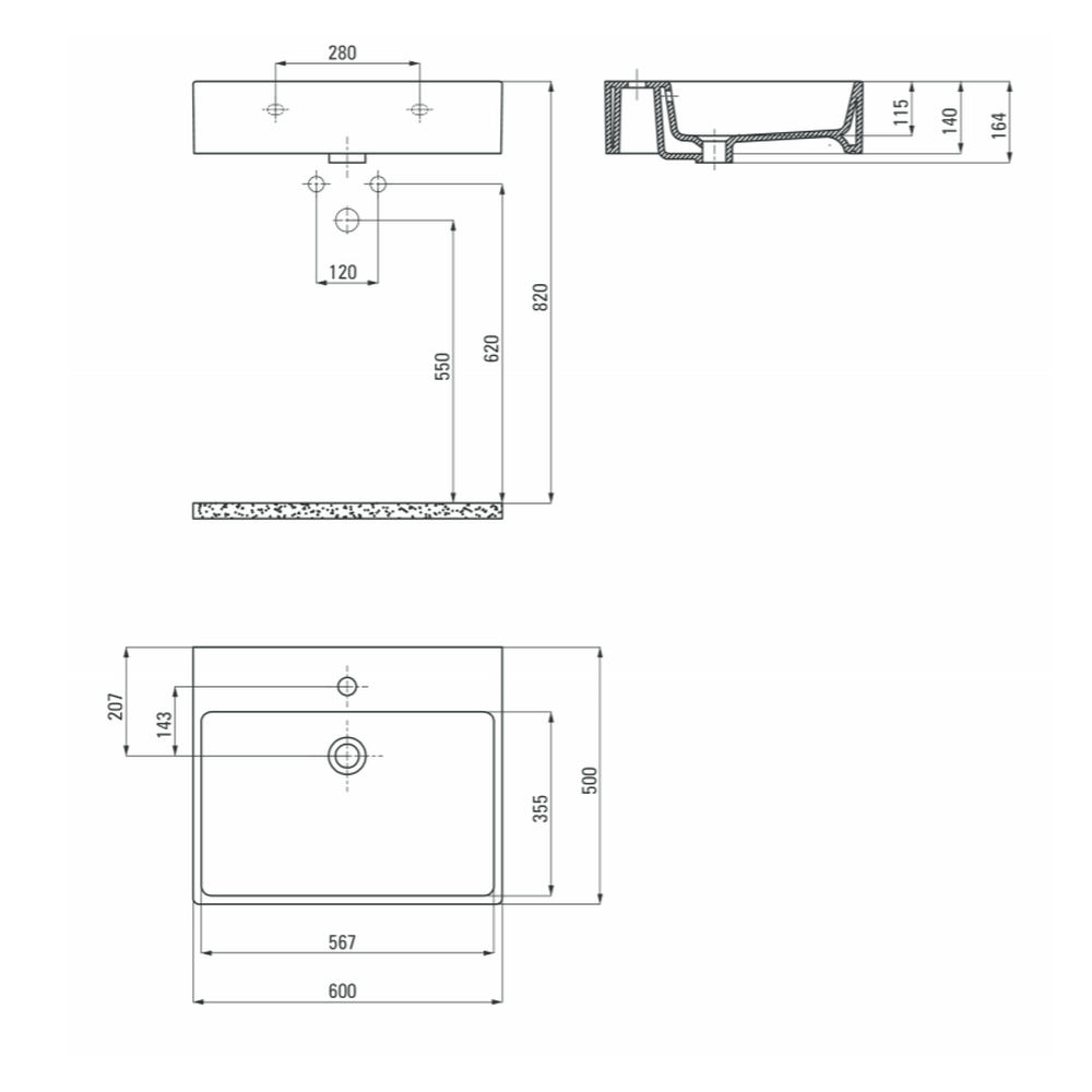 Lavoar pe blat alb lucios 60 cm, dreptunghiular, orificiu pentru baterie, Deante Temisto [3]