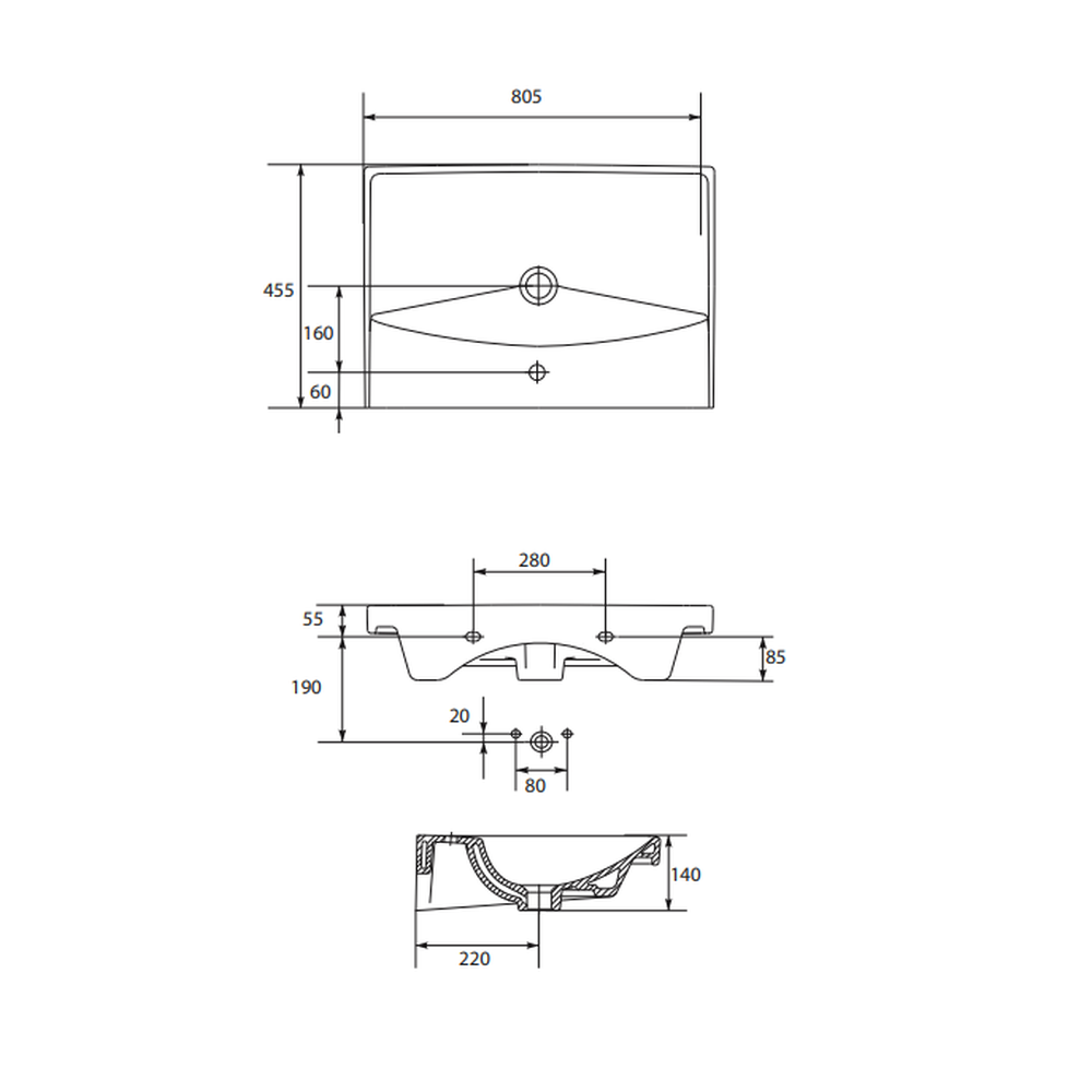 Lavoar baie suspendat alb 80 cm, dreptunghiular, Cersanit City [3]