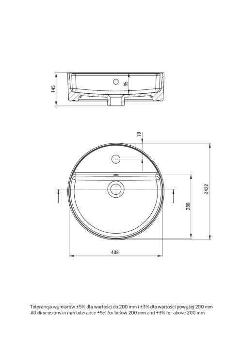 Lavoar ceramic, montare blat, cu gaura pentru baterie, 42x42 cm, alb, Deante Round [3]