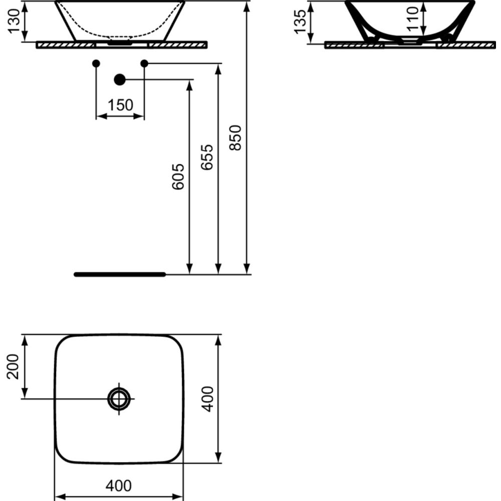 Lavoar pe blat alb lucios 40 cm, patrat, fara preaplin, Ideal Standard Connect Air [5]