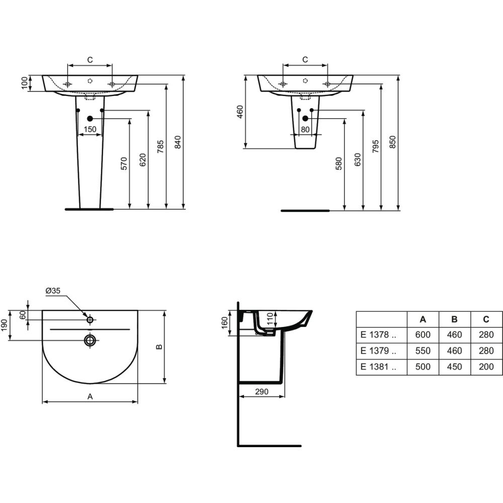 Lavoar suspendat alb 60 cm, asimetric, orificiu baterie si preaplin, Ideal Standard Connect Air [6]