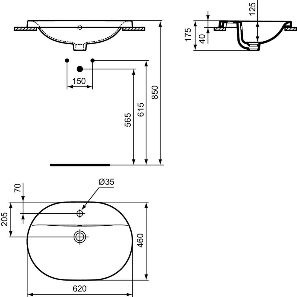 Lavoar incastrat alb 62 cm, oval, orificiu baterie si preaplin Ideal Standard Connect [6]