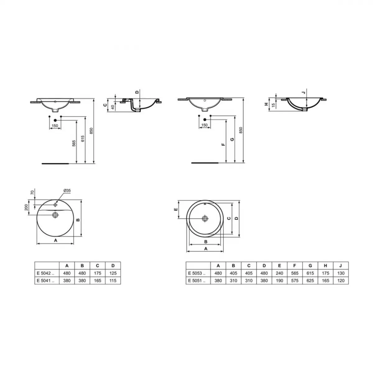 Lavoar rotund, alb, 48 cm, montaj incastrat, cu preaplin,  Ideal standard Connect [2]