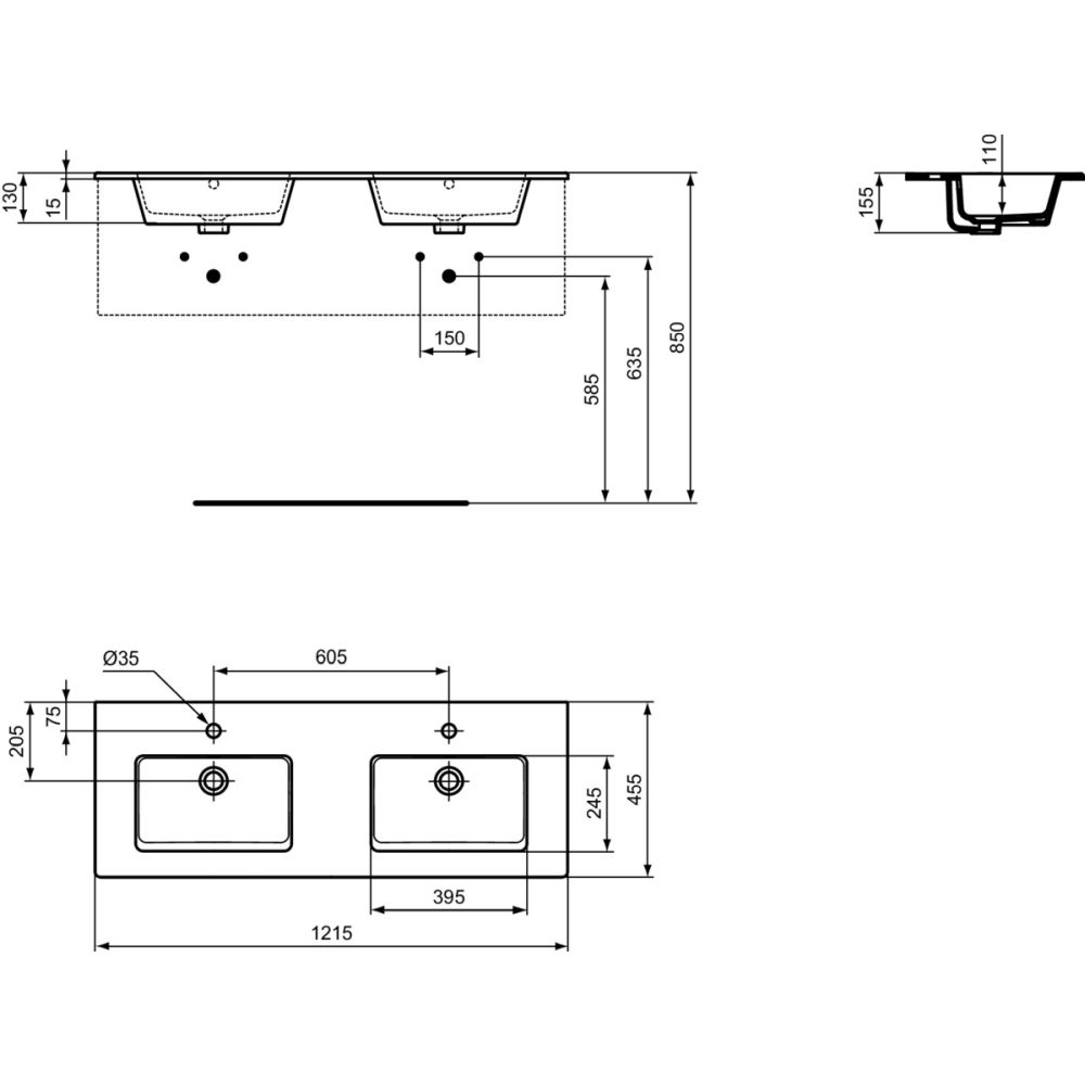 Lavoar dublu incastrat alb 122 cm, dreptunghiular, Ideal Standard Tempo [2]