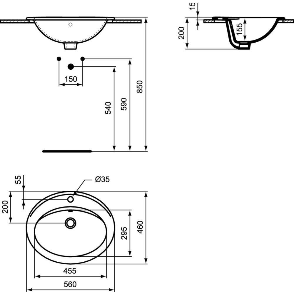 Lavoar incastrat alb 56 cm, oval, orificiu baterie si preaplin, Ideal Standard Eurovit [3]