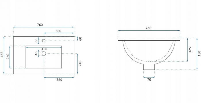 Lavoar dreptunghiular pe blat Rea Dafne alb, ceramică lucioasă, 76 x 46,5 cm [2]