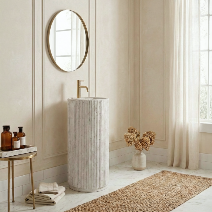 Lavoar freestanding rotund REA Margarita, piatra compozita Artificial Stone, alb imitatie piatra, 39 x 39 cm [2]