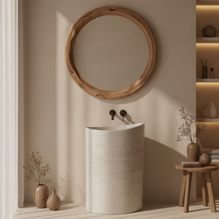 Lavoar freestanding oval asimetric REA Merlo, piatra compozita Artificial Stone, bej ecru, 55 x 34 cm [4]
