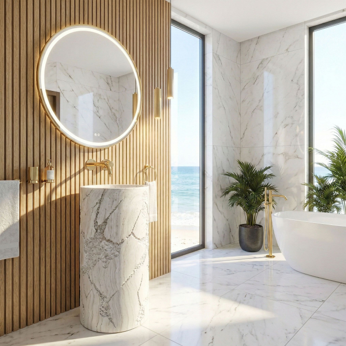 Lavoar freestanding rotund compozit REA Revello, bej ecru mat, 46 x 46 cm [5]