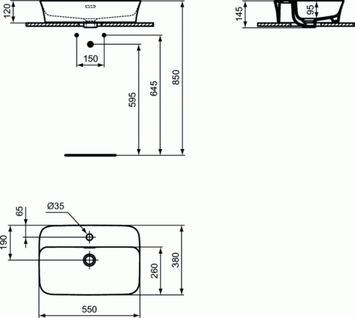 Lavoar dreptunghiular, montaj pe blat, alb, 55x38 cm, Ideal Standard Ipalyss [3]