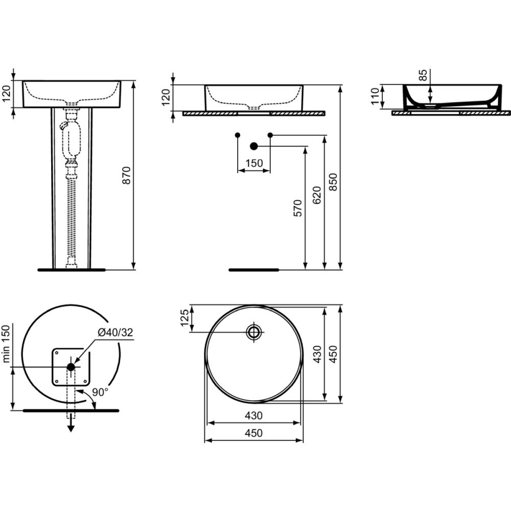 Lavoar pe blat alb 45 cm, rotund, Ideal Standard Conca [4]