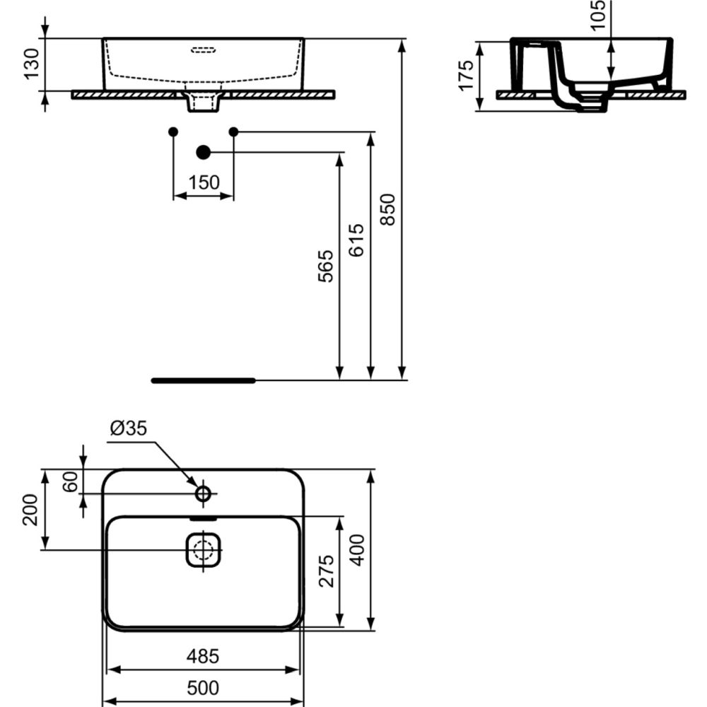 Lavoar pe blat alb 50 cm, dreptunghiular, cu orificiu baterie, Ideal Standard Strada II [6]