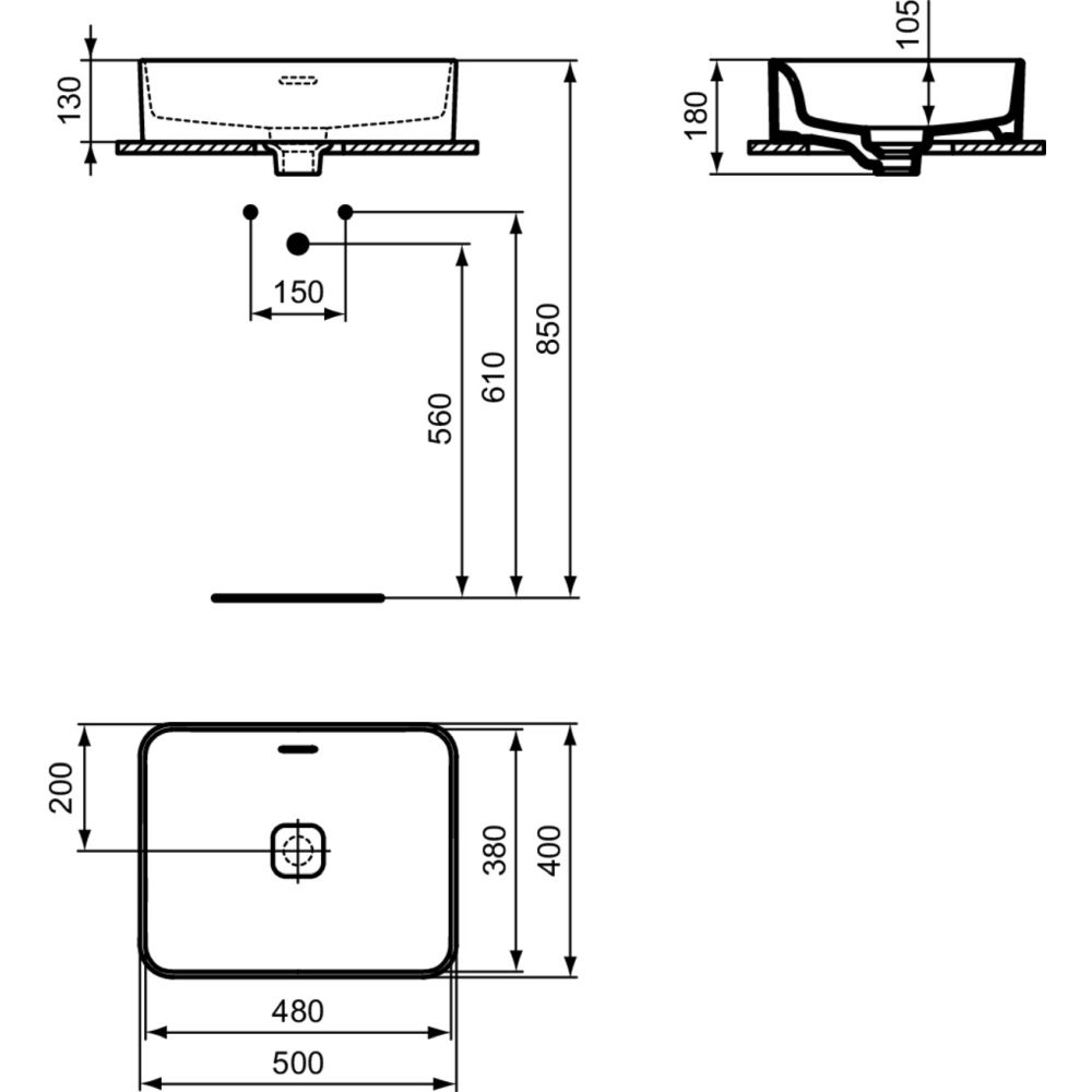 Lavoar pe blat alb 50 cm, dreptunghiular, cu preaplin, Ideal Standard Strada II [5]