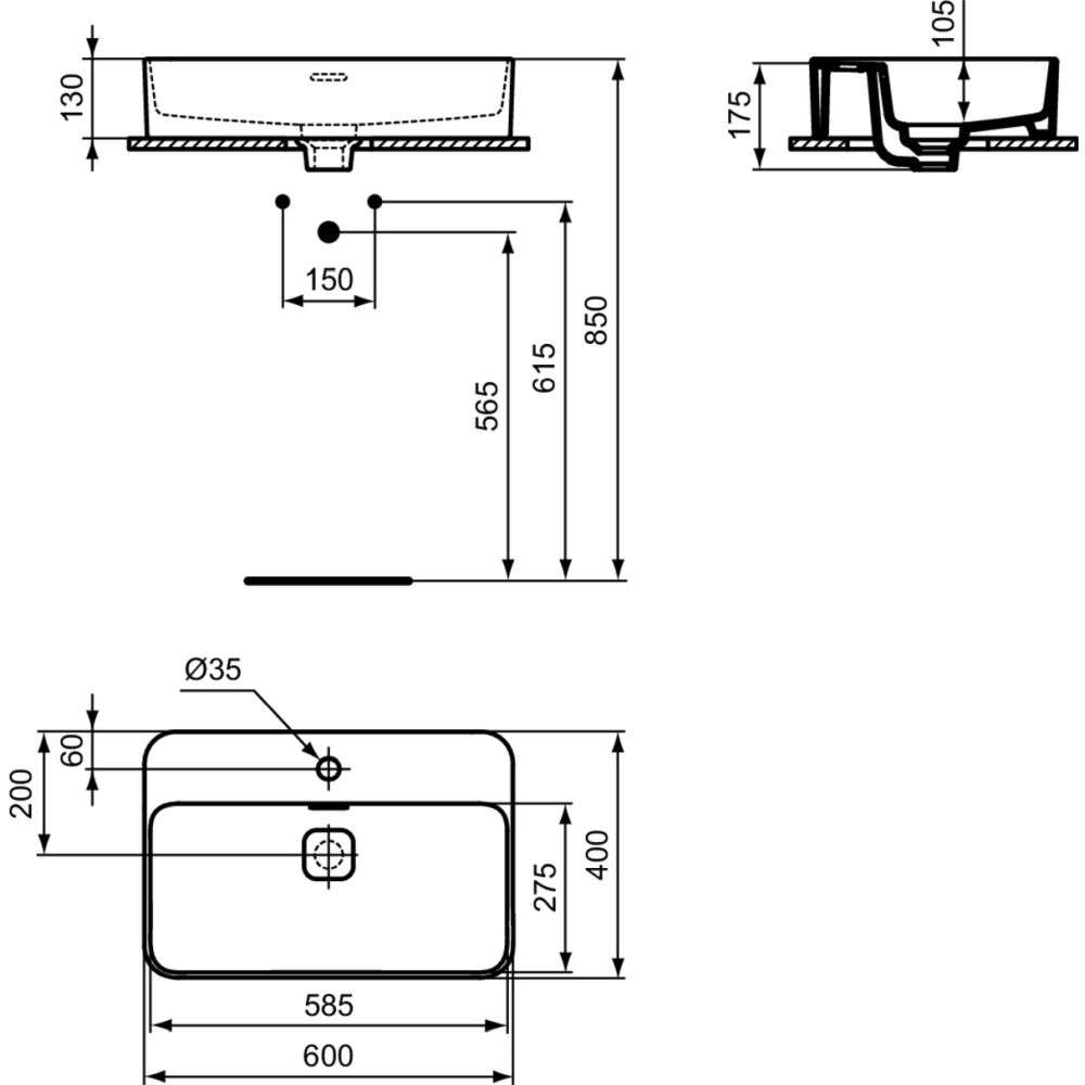 Lavoar pe blat alb 60 cm, dreptunghiular, cu orificiu baterie, Ideal Standard Strada II [5]