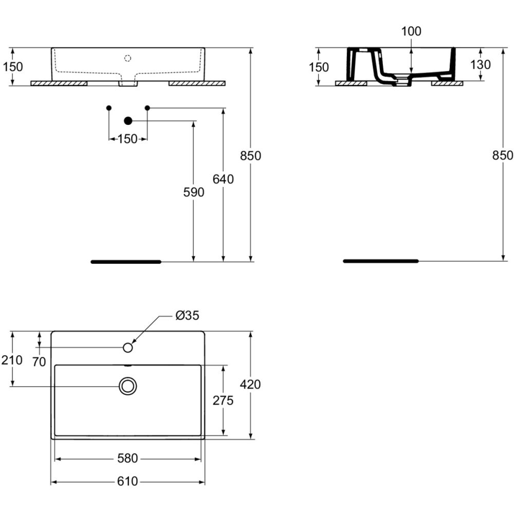 Lavoar pe blat alb 60 cm, dreptunghiular, orificiu baterie, Ideal Standard Strada [5]