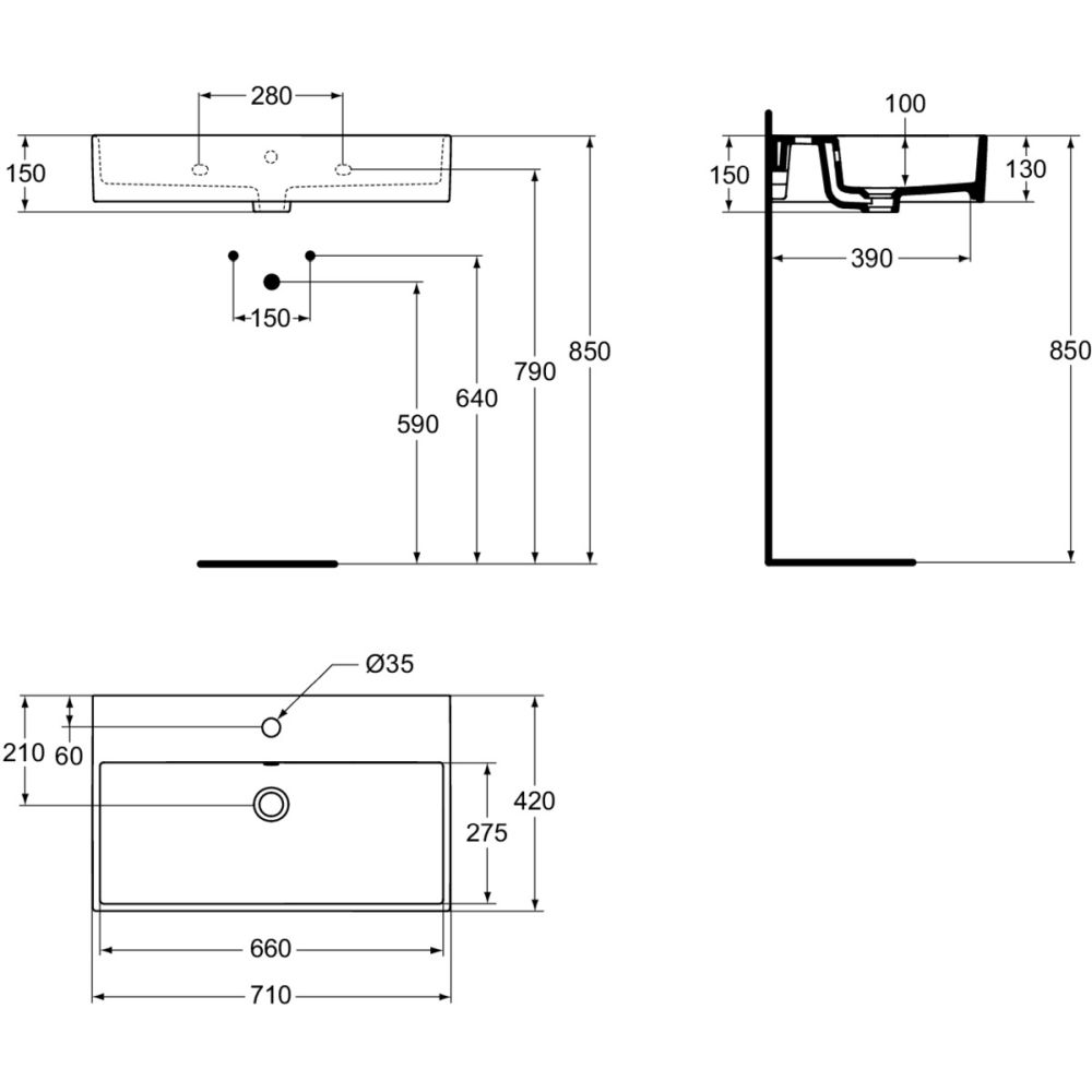 Lavoar pe blat alb 71 cm, dreptunghiular, orificiu baterie, Ideal Standard Strada [5]
