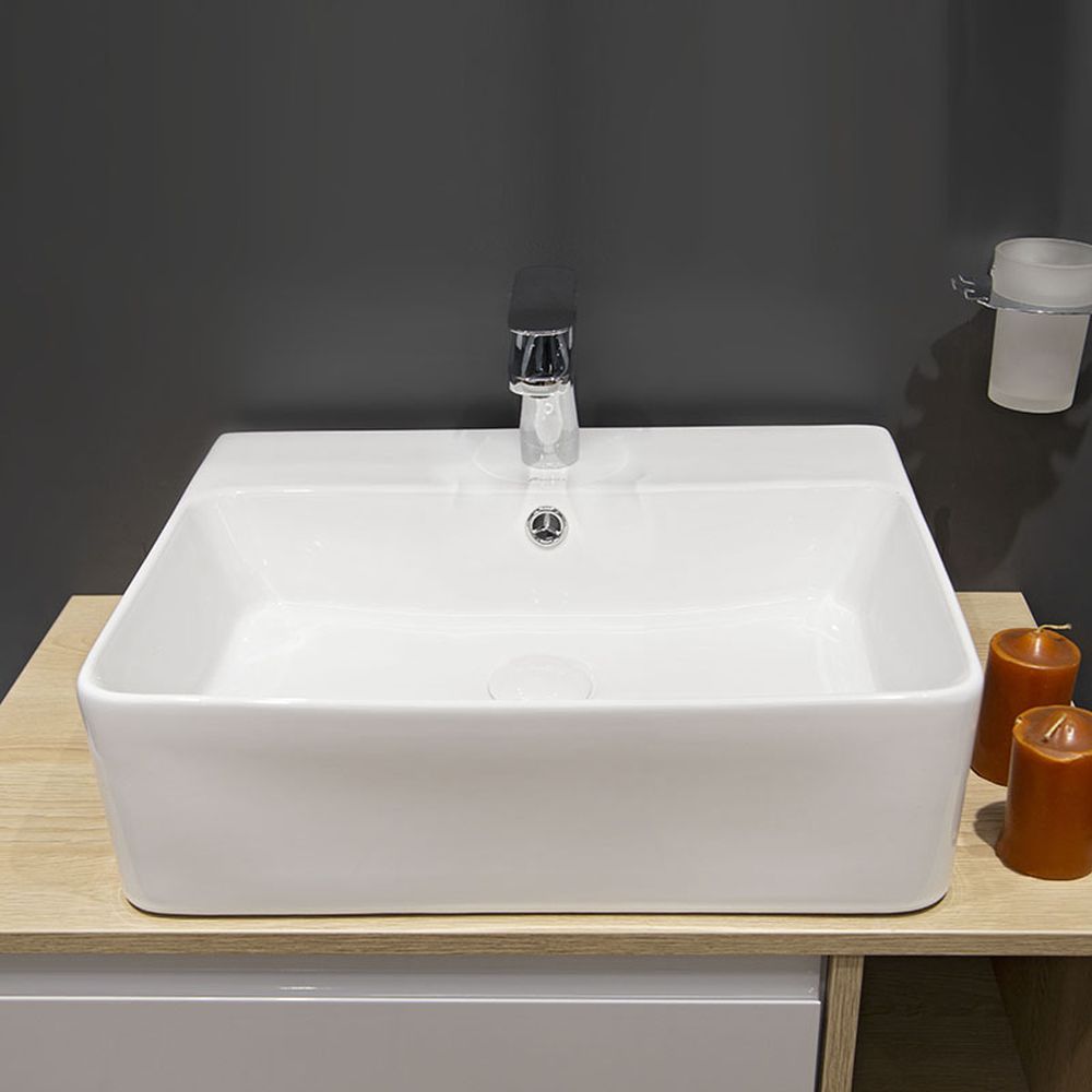 Lavoar pe blat alb lucios 46 cm, dreptunghiular, cu orificiu baterie, Fluminia Mercur [4]