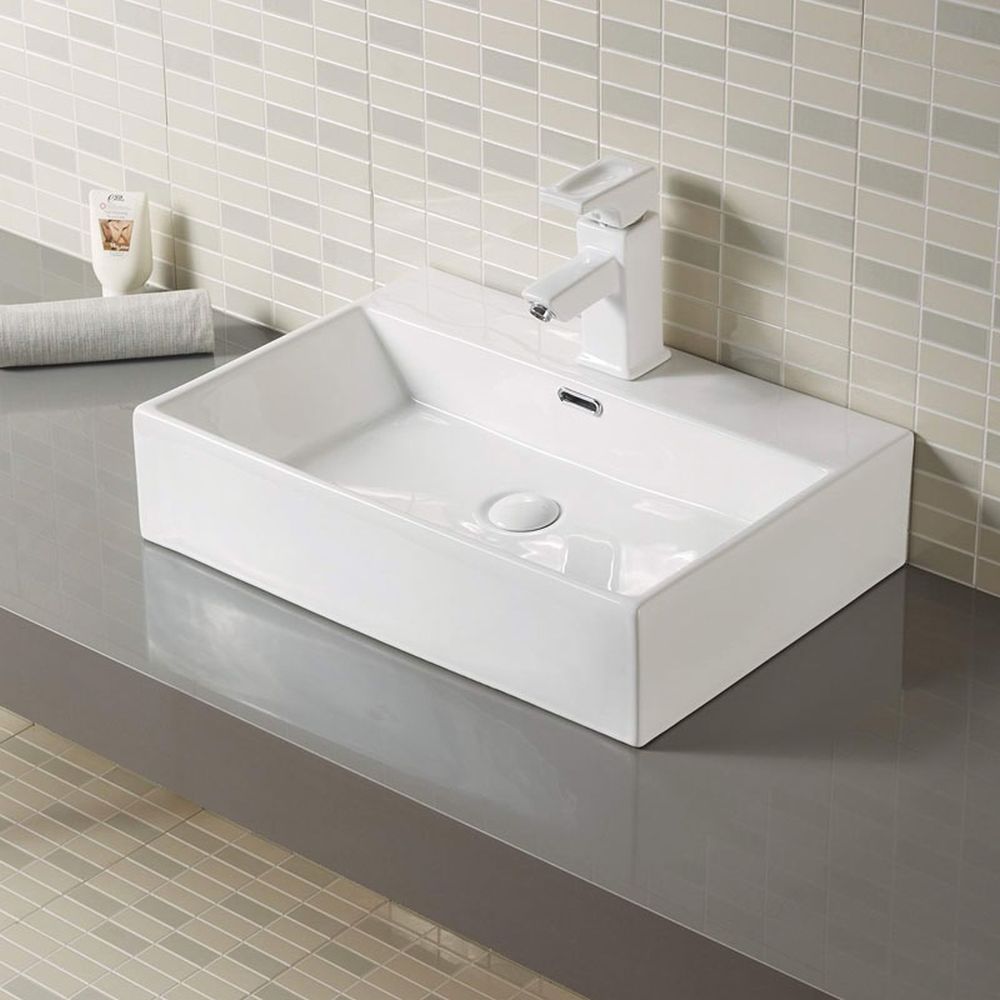Lavoar pe blat alb lucios 50 cm, dreptunghiular, cu orificiu baterie, Fluminia Pluto [3]