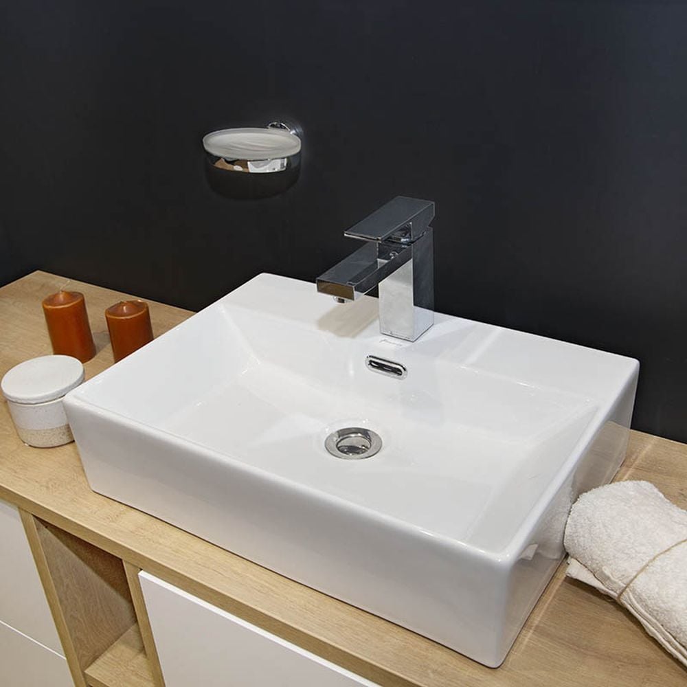 Lavoar pe blat alb lucios 52 cm, dreptunghiular, cu orificiu baterie, Fluminia Mercur [6]
