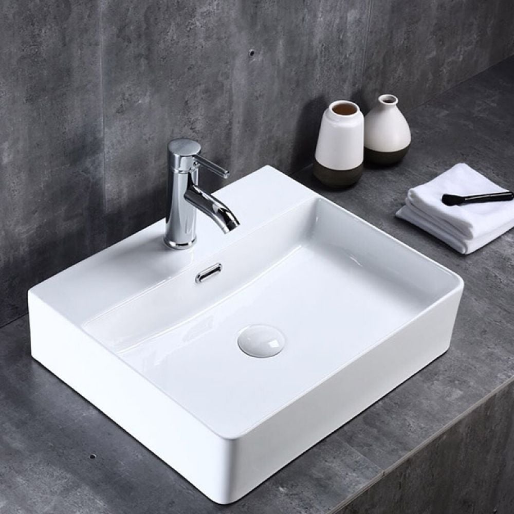 Lavoar pe blat alb lucios 52 cm, dreptunghiular, cu orificiu baterie, Fluminia Mercur [4]