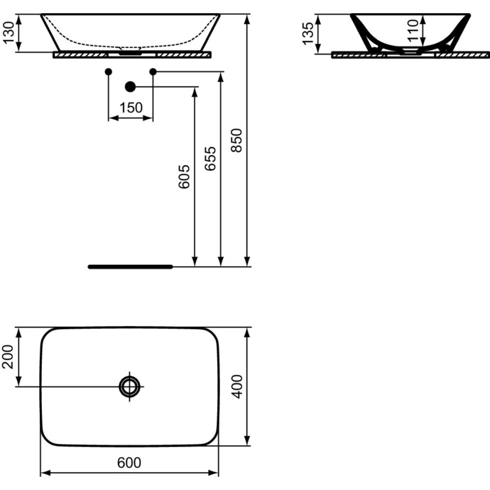 Lavoar pe blat alb lucios 60 cm, dreptunghiular, fara preaplin, Ideal Standard Connect Air [7]