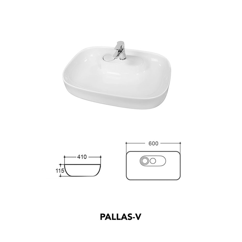 Lavoar pe blat alb lucios, dreptunghiular, 60 cm, Fluminia Pallas-V, ventil cu capac ceramic inclus [8]