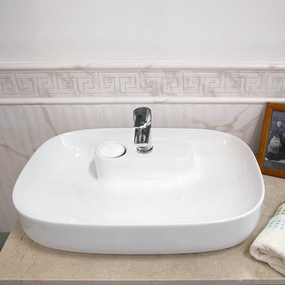 Lavoar pe blat alb lucios, dreptunghiular, 60 cm, Fluminia Pallas-V, ventil cu capac ceramic inclus [6]