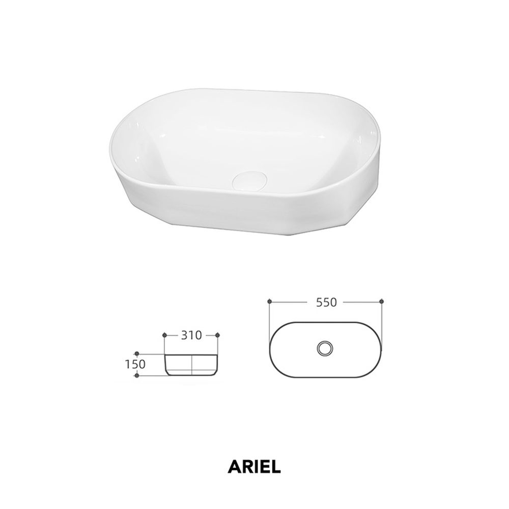 Lavoar pe blat alb lucios, oval, 55 cm, Fluminia Ariel, cu baza poligonală [6]