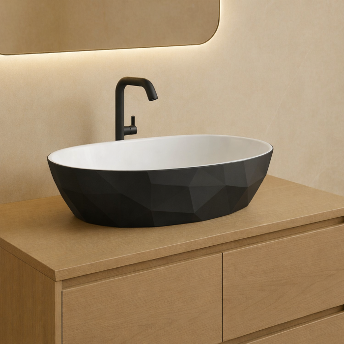 Lavoar pe blat compozit negru cu alb, oval, forme 3D,  Foglia Armonia Slim [2]