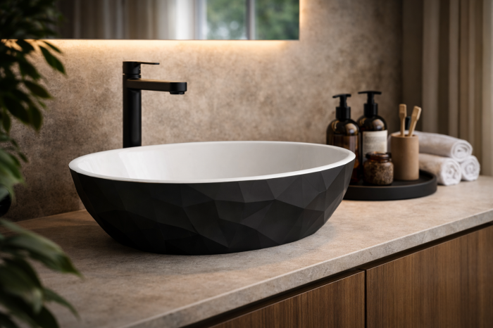 Lavoar pe blat compozit negru cu alb, oval, forme 3D,  Foglia Armonia Slim [4]