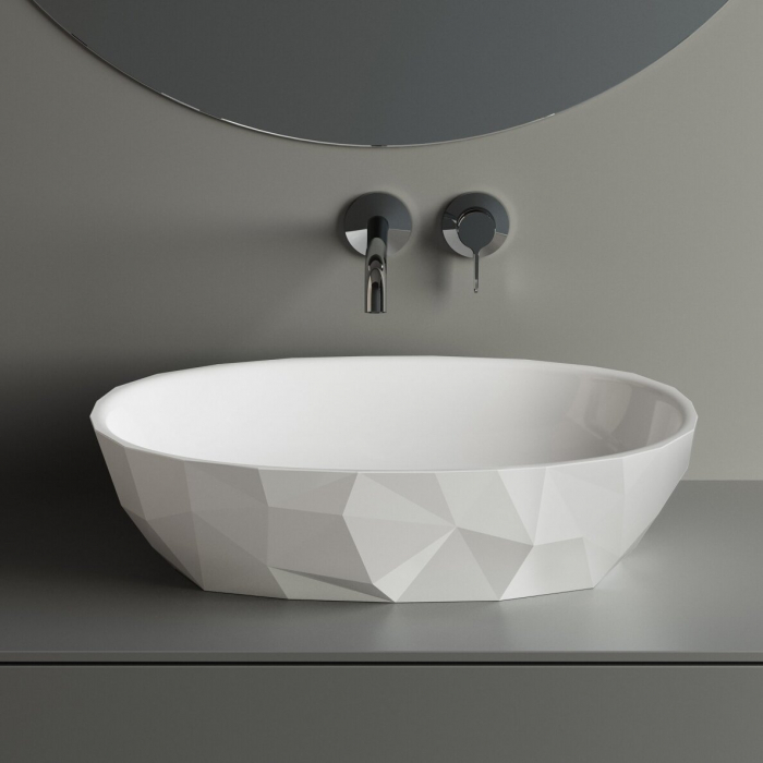 Lavoar pe blat din compozit alb lucios 56 cm, oval, 3D,  Foglia Armonia Slim