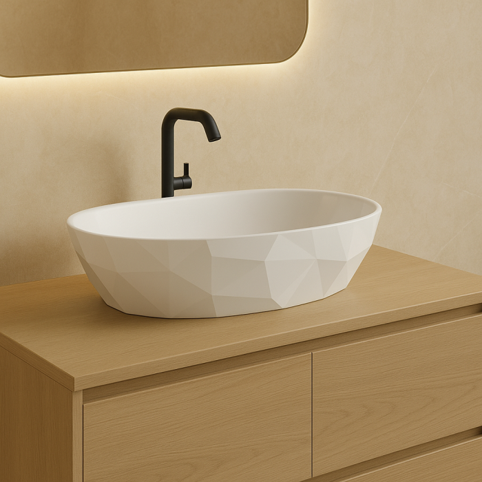 Lavoar pe blat din compozit alb lucios 56 cm, oval, 3D,  Foglia Armonia Slim [6]