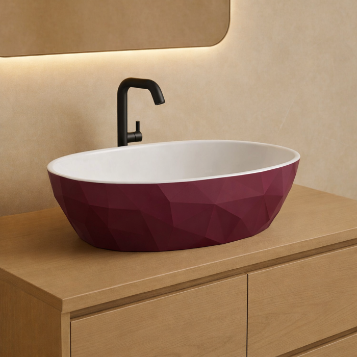 Lavoar pe blat compozit burgundy, oval, forme 3D,  Foglia Armonia Slim [2]