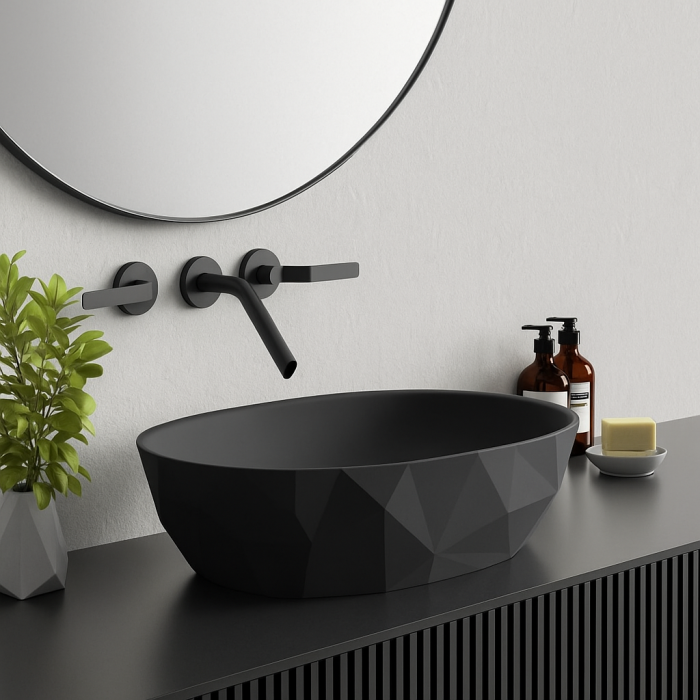 Lavoar pe blat din compozit negru mat 56 cm, oval, 3D,  Foglia Armonia Slim [3]