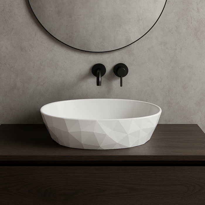 Lavoar pe blat din compozit alb lucios 56 cm, oval, 3D,  Foglia Armonia Slim