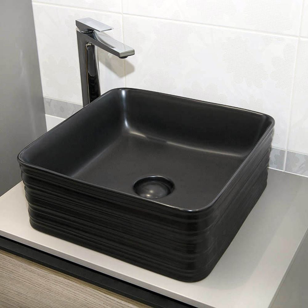 Lavoar pe blat negru mat 39 cm, patrat, ventil inclus, Fluminia My Black Box [6]