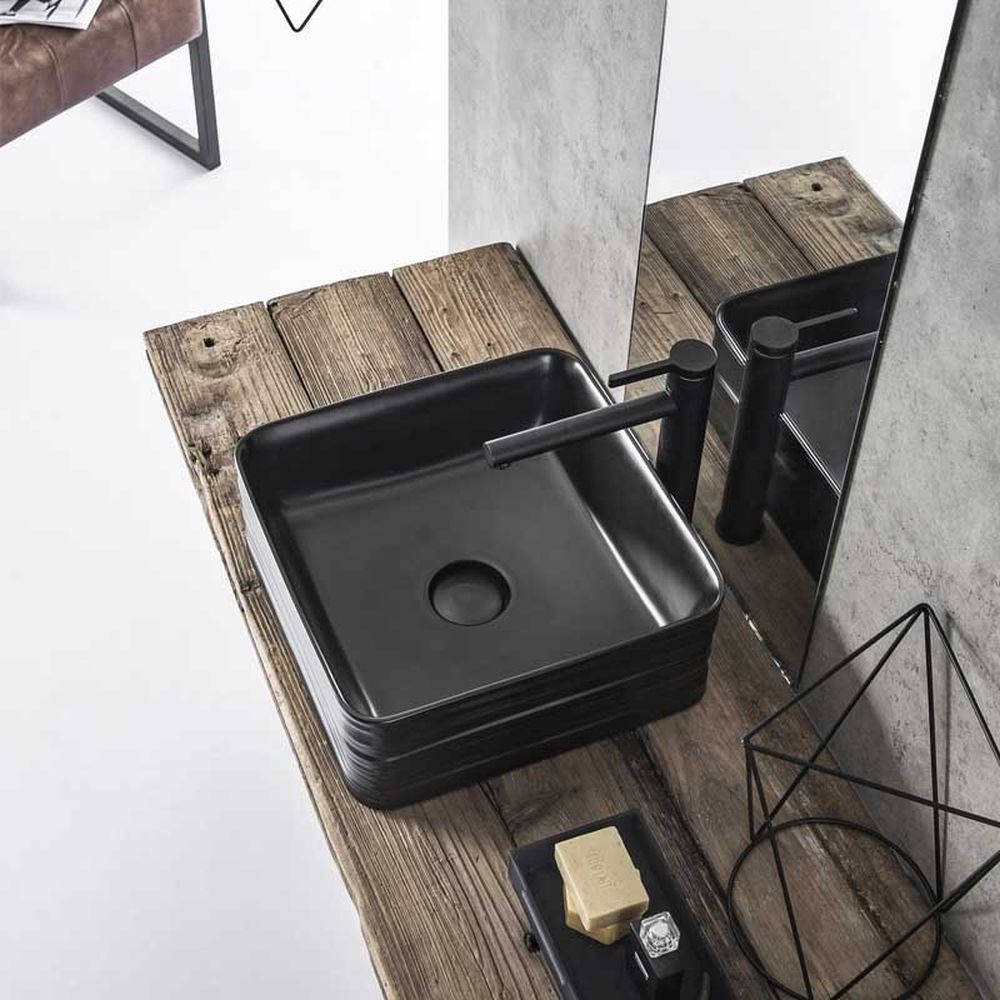 Lavoar pe blat negru mat 39 cm, patrat, ventil inclus, Fluminia My Black Box [4]