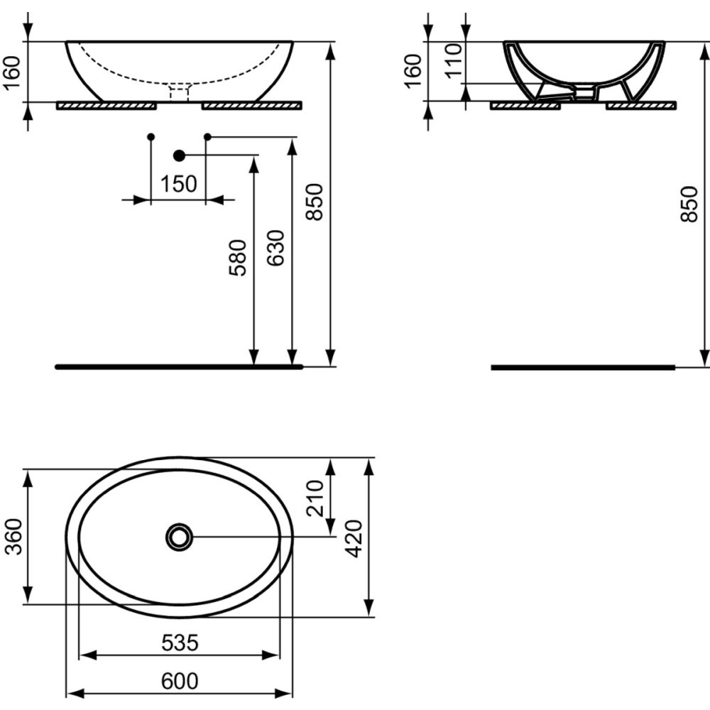 Lavoar pe blat negru mat 60 cm, oval, Ideal Standard Strada [5]