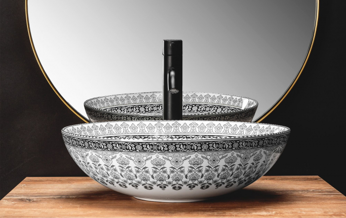 Lavoar rotund, ceramică, Alb/Negru cu model decorativ, 40x40 cm, REA [5]