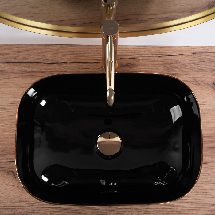Lavoar pe blat dreptunghiular, ceramică, negru/auriu, REA Belinda, 46.5x33 cm [5]