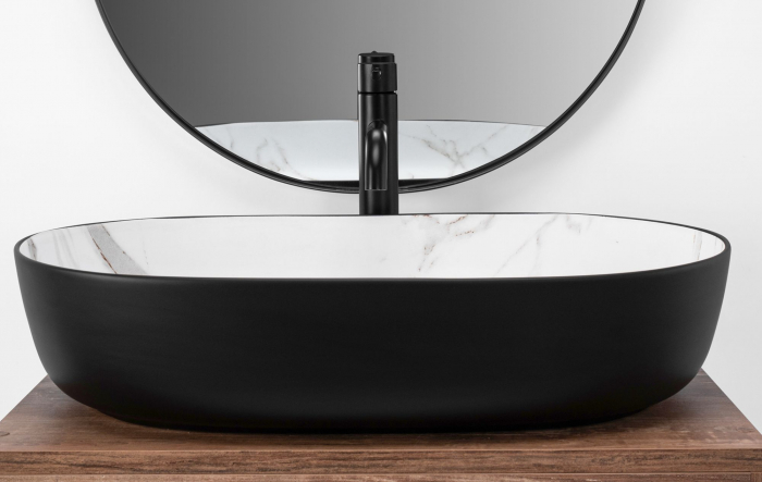 Lavoar oval Rea Cleo, imitatie piatră, alb/negru, ceramică premium, 60,5 x 41 cm [3]