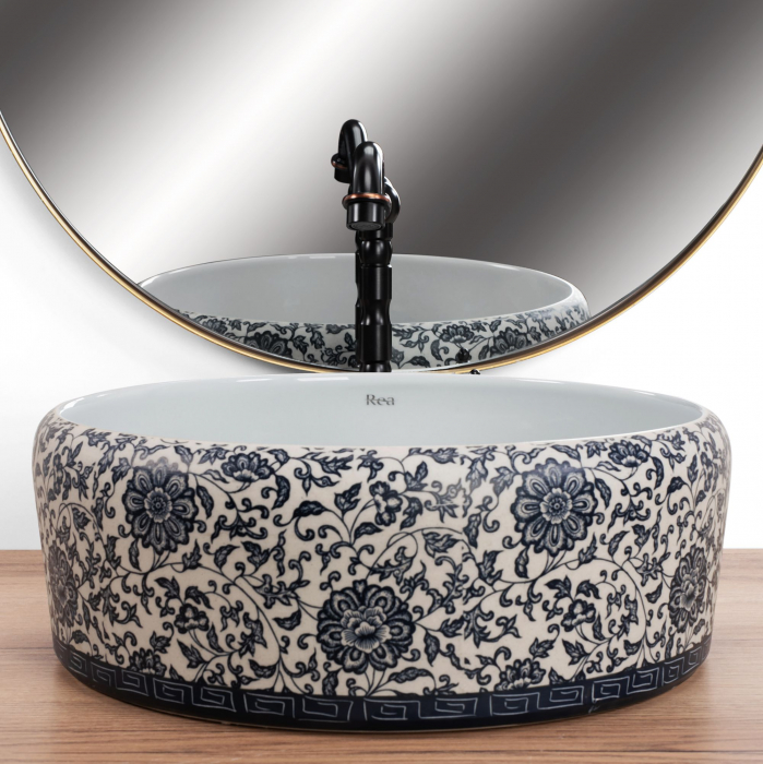 Lavoar pe blat REA Florisa 40x40 cm, ceramică decorată alb/albastru, montaj pe blat [6]