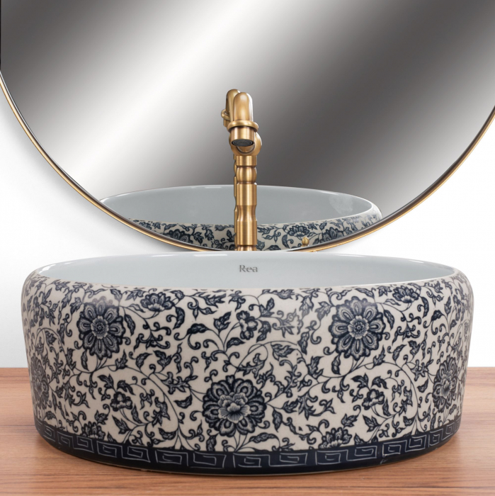 Lavoar pe blat REA Florisa 40x40 cm, ceramică decorată alb/albastru, montaj pe blat [3]